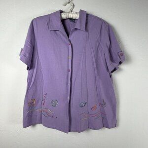 Vintage Koret Hand Printed Button Down Blouse and Pants Set Size Large Purple
